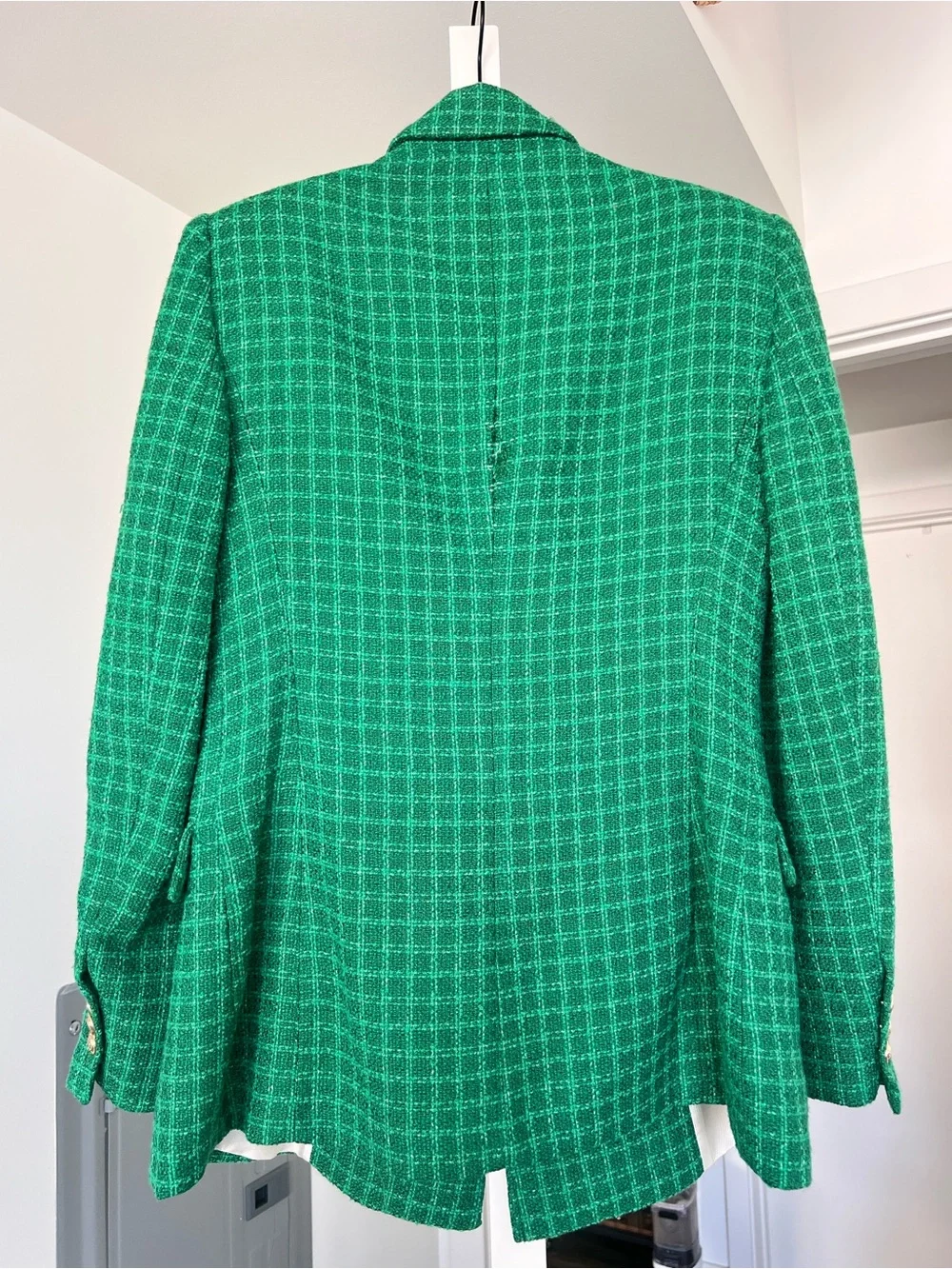 Zara Emerald Green Textured Tweed Double Breasted Blazer Gold Buttons Size Small - Picture 6 of 10